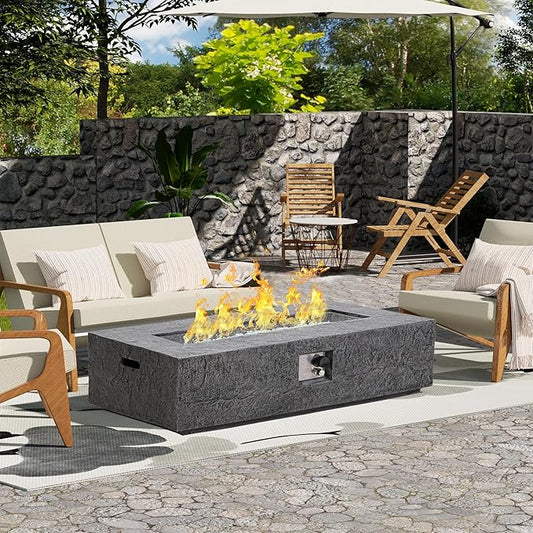 48" Outdoor Propane Fire Pit Table, Rectangle Fire Table w White Fire Glass(50,000 BTU), Patio Firepit Table Slate Gas Fire Table w Rain Cover for Outside, Backyard