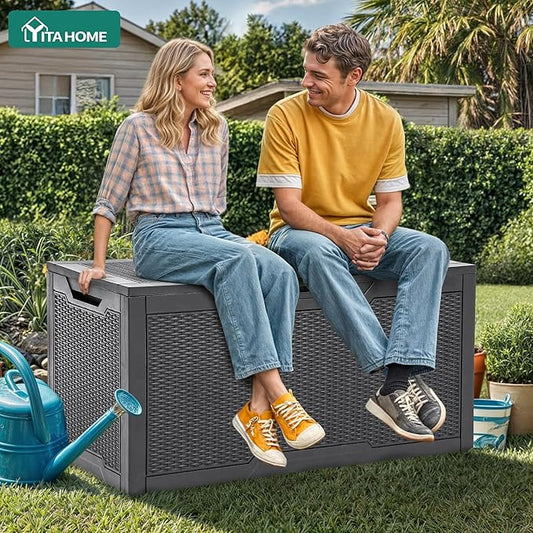 YITAHOME 100 Gallon Resin Deck Box, Weather Resistant Outdoor Storage Box, Lockable Indoor Outdoor Storage for Supplies and Essentials, Dark Gray