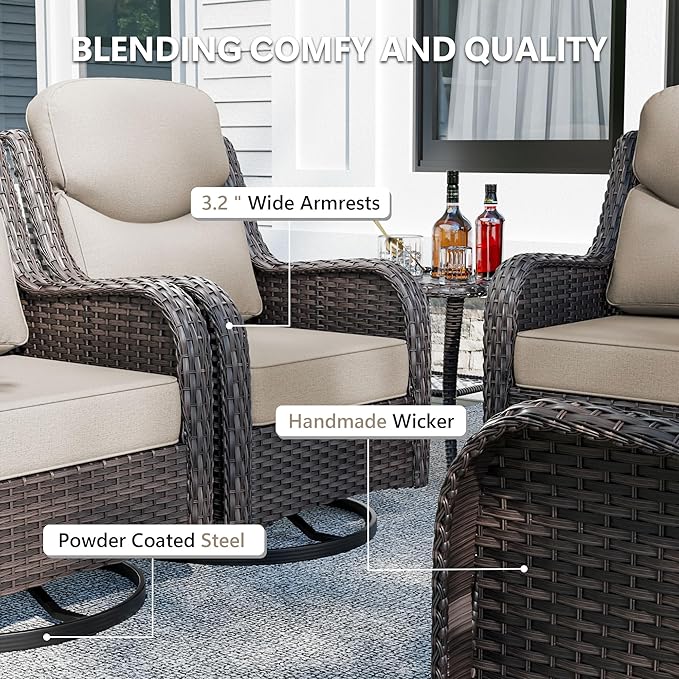 Patio Swivel Chairs Set of 4 and Side Table, Outdoor Swivel Rocker Patio Chairs with High Back and Thick Cushions, Wicker Patio Furniture Set for Porch, Deck Use (Beige, 6 PCS)