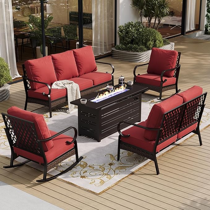5 Piece Black Metal Outdoor Patio Furniture Sets with Firepit Table, Patio Conversation Sets 1 3-Seater Sofa, 2-Seater Sofa, 2 Rocking Sofa with 5.75" Cushion for Backyard Deck, Red