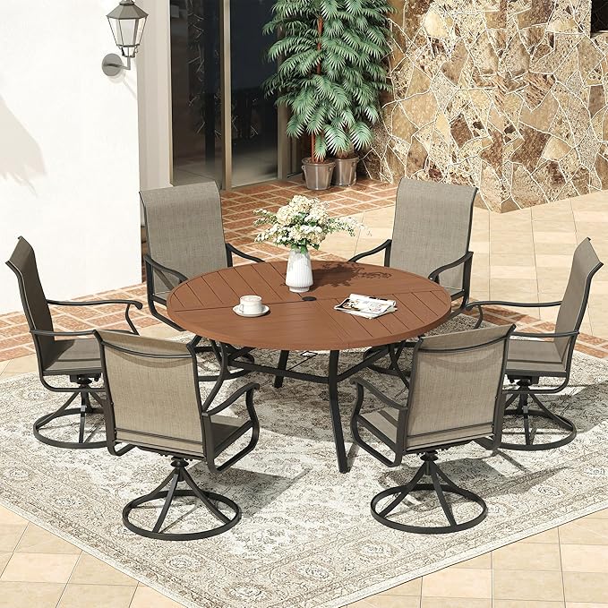 VICLLAX Round Patio Dining Table, 6-8 Person Metal Outdoor Dining Table with Umbrella Hole and Storage Shelf for Garden Lawn Deck, 53" Walnut