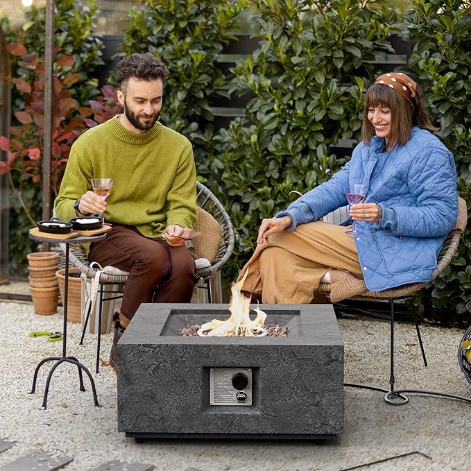 SUNBURY Outdoor Propane Fire Pit Table, 28 in Square 40000 BTU Firepit for Patio with Rain Cover, Lava Rocks, Wind Guard & Propane Tank Cover for Backyard & Deck, Dark Grey