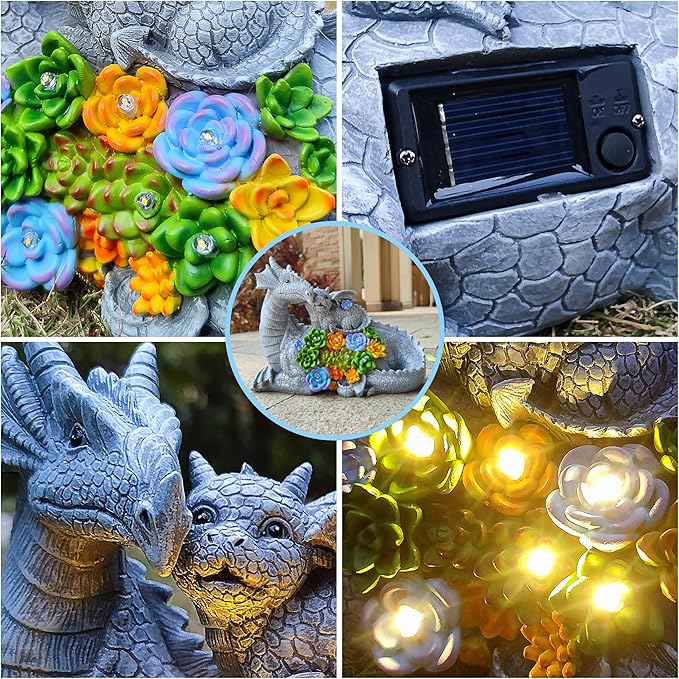 VIOYOUNS Solar Dragon Statue with LED Lights, Dargon Lover Gifts with Succulent and 6 LED Lights for Outdoor,Solar Dragon Decor for Yard, Garden and Patio, Unique Garden Statue for Mom Grandma