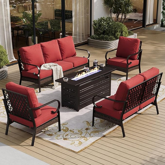 5 Piece Black Metal Outdoor Patio Furniture Sets with Firepit Table, Patio Conversation Sets 1 3-Seater Sofa, 1 2-Seater Sofa, 2 Single Sofa with 5.75" Cushion for Backyard Deck, Red