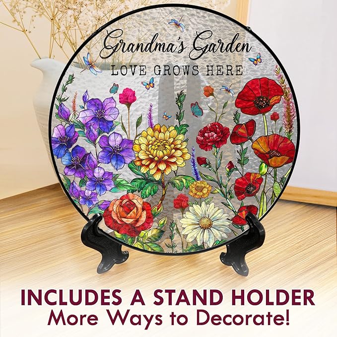 FLAGWIX Grandma Birthday Gifts - Grandmas Garden Stained Glass Window Hanging with Base 10 in - Birthday Gift for Grandma, Grandparents Day Gifts for Nana Gigi, Sun Catchers Indoor Window