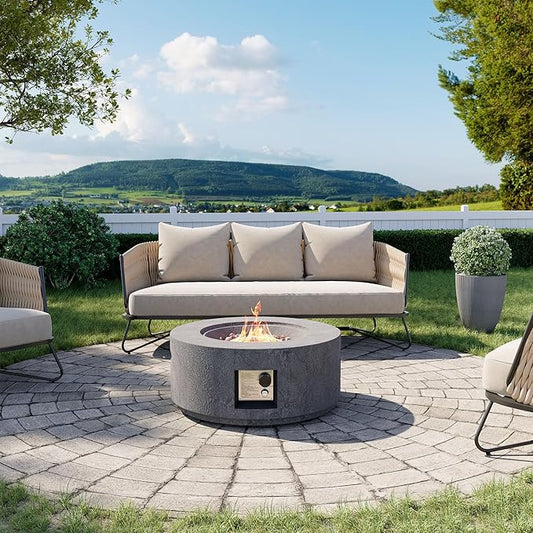 Cosiest Propane Fire Pit for Outside, 28 in Round Gas Fire Pits for Outdoor Patio, Certified, 50000 BTU Concrete Rectangle Base with Rain Cover, Free Lava Rocks