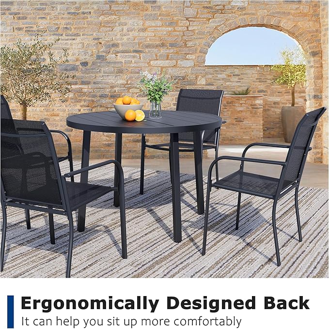 5 Pieces Patio Dining Set for 4, Black Patio Stackable Chairs and Black Round Table Set of 4, Outdoor Furniture Set with Sling Support for Outside, Garden