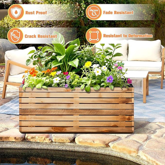 FENCY Metal Planter Box, Large Rectangular Planters for Outdoor Plants, Outdoor Tall Planters with Drainage Holes, Walnut Finish Metal Planters (38" L x 15" W x 16.3" H)