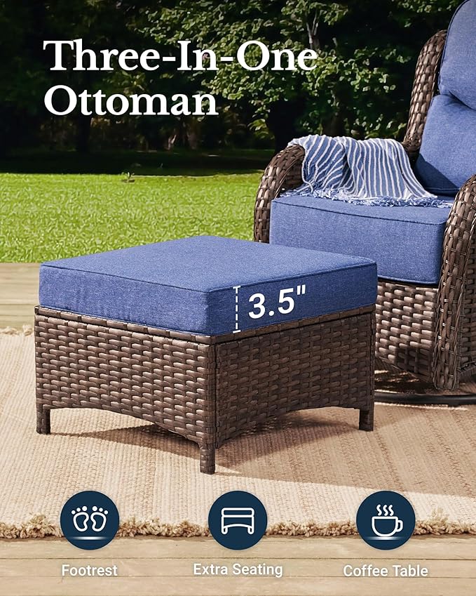 HILLGA Luxury High Back Patio Furniture Set with 6-Inch Thick Cushion, 8-Piece Outdoor Conversation Set with Sofa, Swivel Rocker Chairs & Ottomans, Ideal for Porch Pool Deck Yard (Blue)