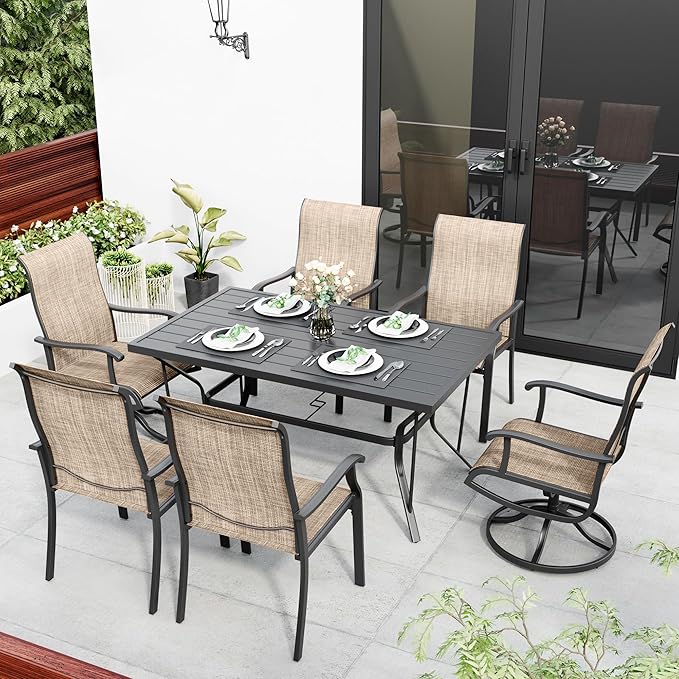 7-Piece Outdoor Dining Set, Patio Furniture Set with 2 Textilene Swivel Chairs & 4 Regular Chairs,Patio Dining Set with 1 Rectangular Table for Garden, Backyard, Poolside, Deck, Beige