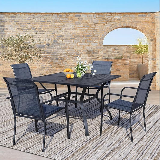 5 Piece Outdoor Dining Set, Patio Table and Chairs Set of 4, 37.5" Black Square Patio Table with 4 Dark Blue Stackable Patio Chairs for Lawn, Garden, Porch