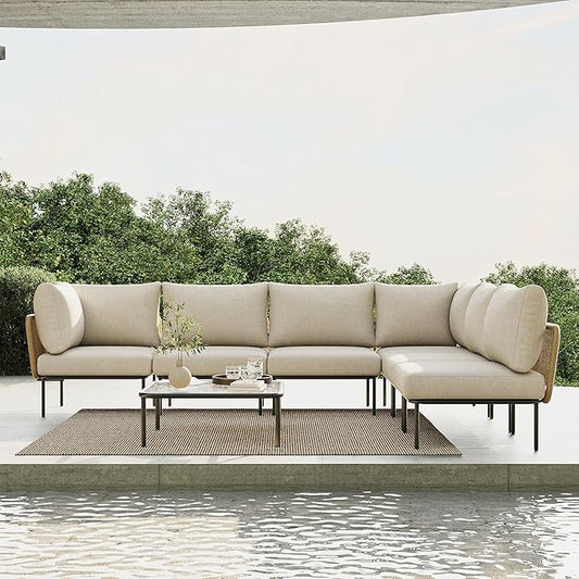7 Piece Modern Outdoor Rope Wicker Sectional Patio L-Shaped Conversation Sofa Set Deep Seating with Thick Cushions