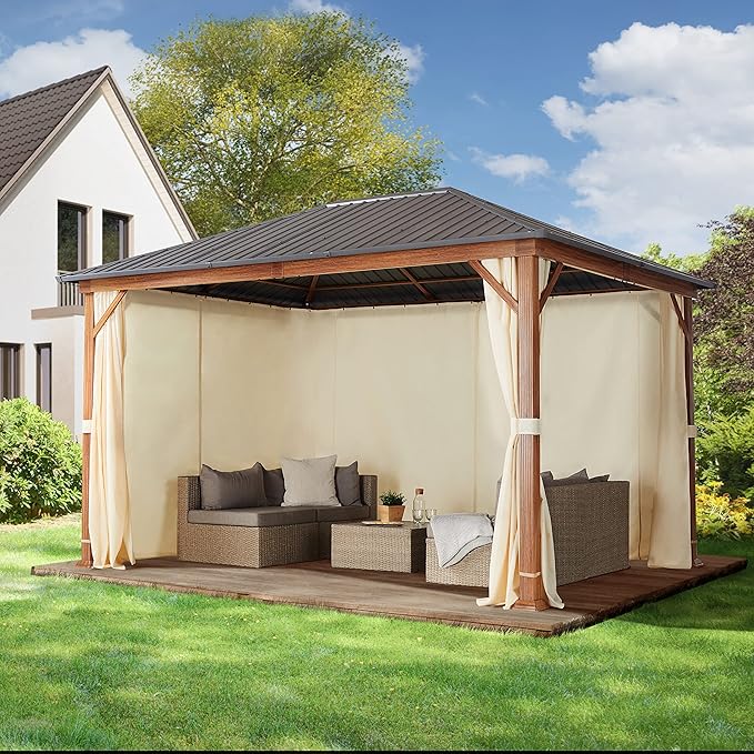 TOOLPORT Hardtop Gazebo 10x13 ft - Wood-Effect Finish - Steel Roof - 4 Side Panels in Champagne