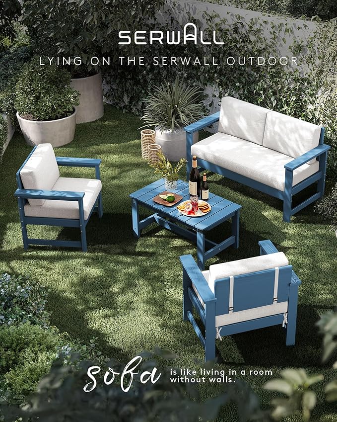 SERWALL 8 Pieces HDPE Outdoor Conversation Sofa Set with Cushions, All Weather Use Couch Loveseat Furniture with Side Table for Balcony, Deck, Poolside, BlueFrame with Khaki Cushions