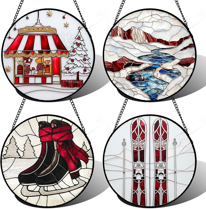 AMDERVEN Stained Glass Window Hanging 4 Pcs Set Winter Skiing Red Christmas House Large 11.8" - Suncatcher Door Garden Sun Catcher Decor Birthday Mother's Day for Mom Woman Nana Friend