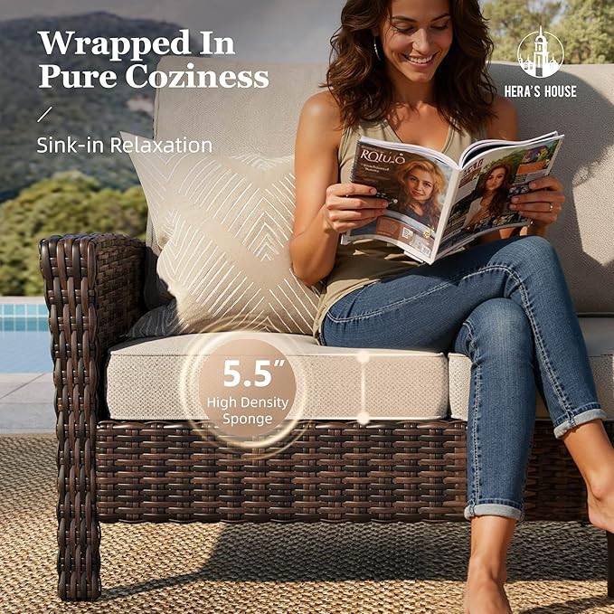 HERA'S HOUSE Patio Furniture Set with 35" High Back Swivel Chairs, Outdoor Wicker Conversation Sofa Sets, 5.5" Thick Cushions for Deck Lawn Poolside Backyard, Beige