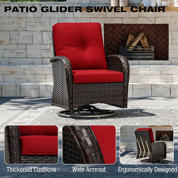 Joyside 10 Piece Patio Furniture Set, Outdoor Wicker Conversation Sets with Swivel Rocker Chairs and Sofa, Thick Cushion, Rattan Patio Sectional for Porch, Deck Use (Brown/Red, 10 PCS)