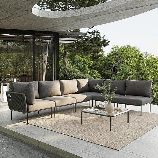 7 Piece Modern Outdoor Rope Wicker Sectional Patio L-Shaped Conversation Sofa Set Deep Seating with Thick Cushions