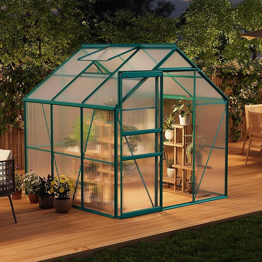 Garvee 6 x 6 FT Outdoor Greenhouse, Polycarbonate Greenhouses with Aluminum Frame, Sliding Door, Adjustable Roof Vent for Backyard, Green Houses for Outside Garden Backyard, Patio, Green