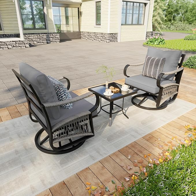 3 Pieces Outdoor Rocking Chairs, 360° Swivel Glider Patio Bistro Sets with Waterproof Cushion Cover, Conversation Furniture Set with Side Table for Porch Balcony Backyard, Gray