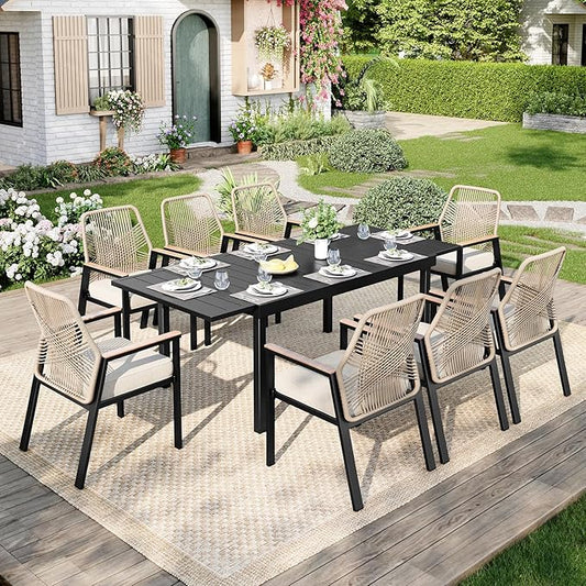 Expandable Outdoor Patio Dining Table for 8, Adjustable 61"/83" x 37" Rectangular Large 6-8 Person Metal Outdoor Table, Rectangle Metal Wrought Iron Extendable Table for Backyard and Porch