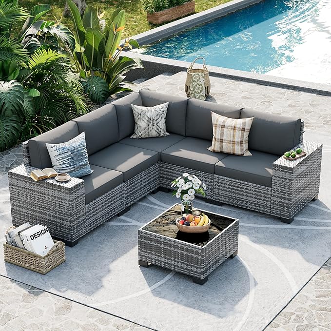 UDPATIO Patio Furniture Set, 8 Inch Armrest Outdoor Sectional Sofa, 6 Piece Wicker Outdoor Furniture Conversation Sets with Waterproof Cover and Coffee Table for Backyard Deck(Grey/Dark Grey)