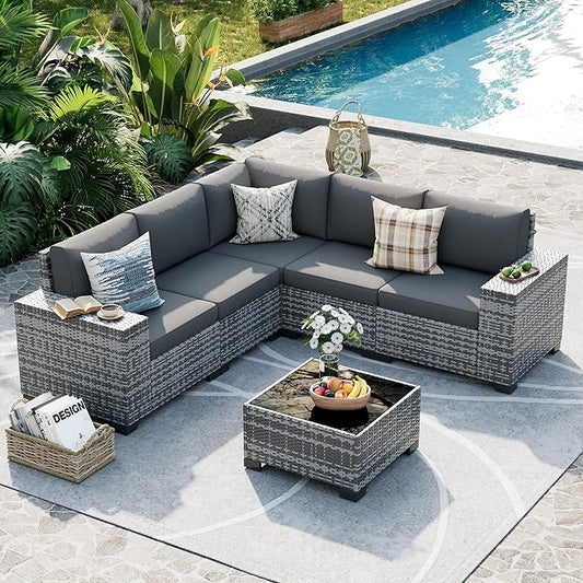 UDPATIO Patio Furniture Set, 8 Inch Armrest Outdoor Sectional Sofa, 6 Piece Wicker Outdoor Furniture Conversation Sets with Waterproof Cover and Coffee Table for Backyard Deck(Grey/Dark Grey)