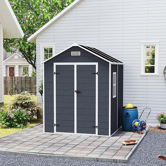 6X6 FT Resin Outdoor Storage Shed, Plastic Garden Sheds with Waterproof Roof & Air Vent,Outside Patio Storage House Tool Shed with Window &Lockable Door for Backyard, Lawn, Dark Grey