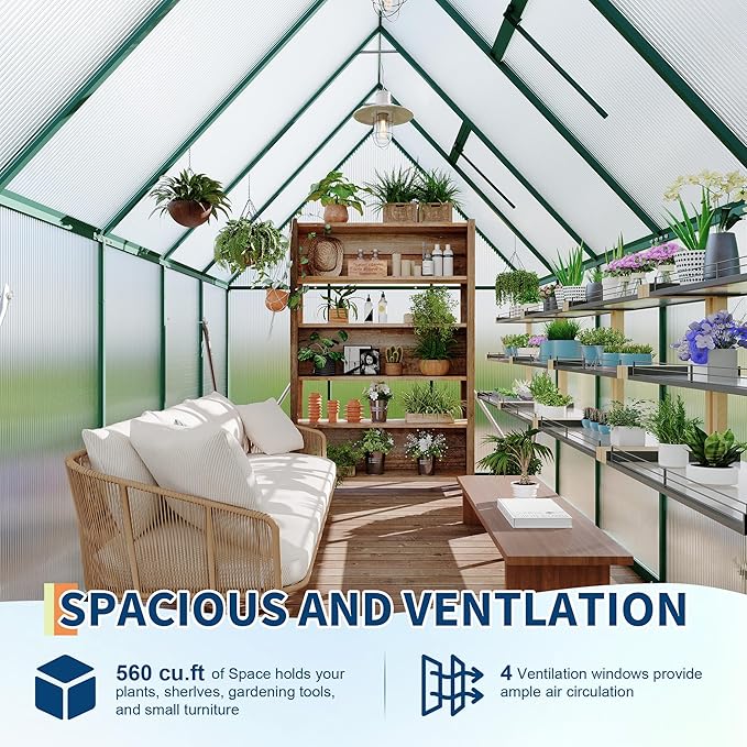 Polycarbonate Greenhouse for Outdoors, Large Walk-InGreenhouse with Quick Setup Structure and Roof Vent, Greenhouse with Ventilation