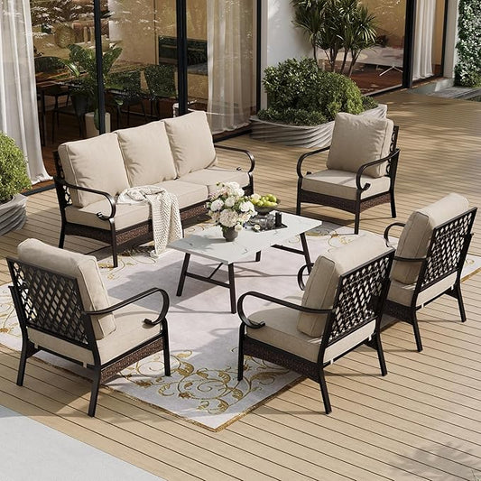 6 Piece Metal Outdoor Patio Furniture Sets, Patio Conversation Sets 1 3-Seater Sofa, 4 Single Sofa with 5.75" Extra Thick Cushion & Coffee Table, Black Frame Backyard Furniture, Beige