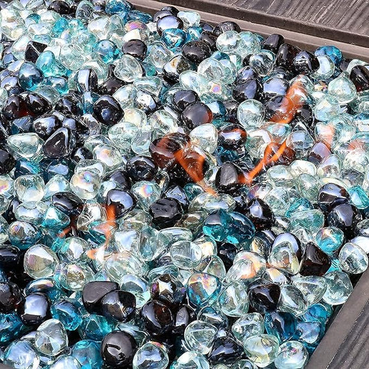 Fire Glass Diamond 1 Inch Fire Pit Glass Rocks for Propane or Gas Fire Pit (Gift Package) (10 Pounds, White/Amber/Margarita Azura Blue Blend)