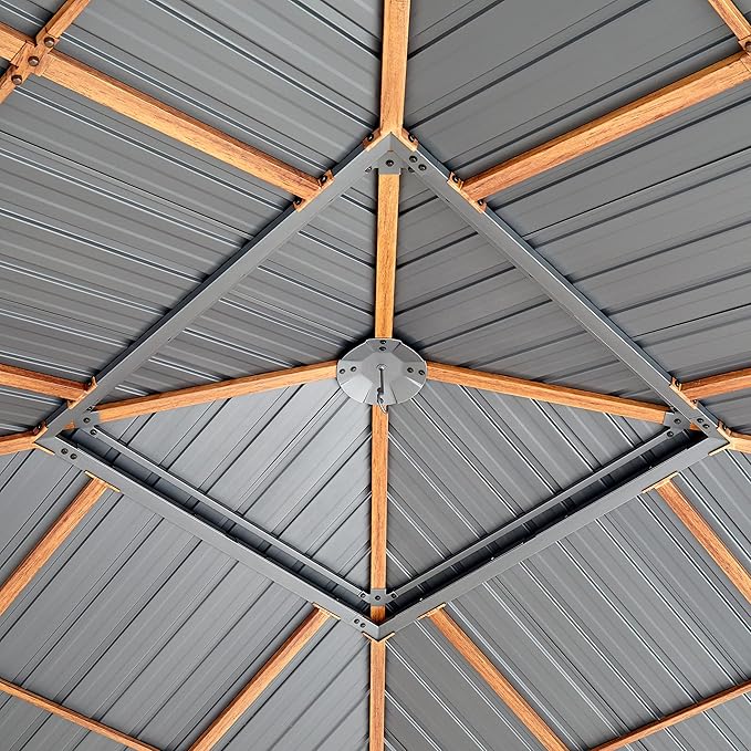 TOOLPORT Hardtop Gazebo 13x13 ft - Wood-Effect Finish - Steel Roof - 4 Side Panels in Gray