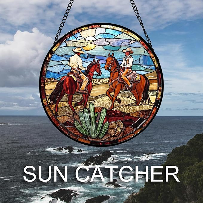 QZQCBLC Stained Glass Window Hanging Western Cowboys Riding Horses Large 11.8" - Suncatcher Door Garden Sun Catcher Home Decor Birthday Christmas for Woman Nana Friend Men Kids