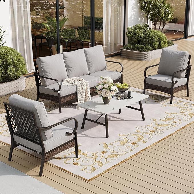 4 Piece Metal Outdoor Patio Furniture Set, Patio Conversation Sets 1 3-seater Sofa, 2 Chairs with 5.75" Extra Thick Cushion and Coffee Table, Black Frame Backyard Furniture, Light Gray