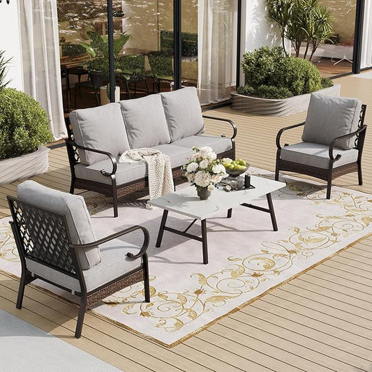4 Piece Metal Outdoor Patio Furniture Set, Patio Conversation Sets 1 3-seater Sofa, 2 Chairs with 5.75" Extra Thick Cushion and Coffee Table, Black Frame Backyard Furniture, Light Gray