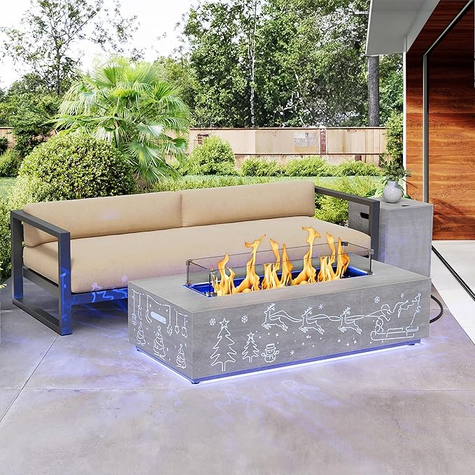 Dineli Propane Fire Pit Table 42 Inch Gas Fire Pits & Outdoor Fireplaces w LED, Tabletop Fire Pit Firepits for Outside Patio, 50,000 BTU (Light Gray, Christmas Pattern with RGB Light)