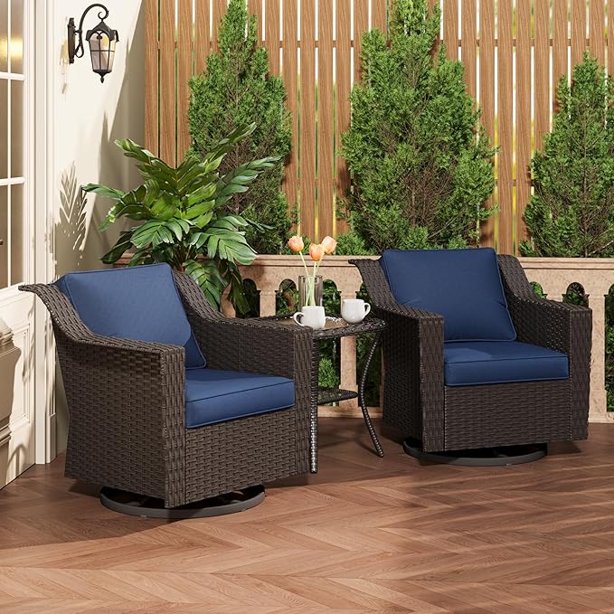3 Pieces Patio Conversation Furniture Set - 2 Swivel Chairs, 1 Side Table, Outdoor Wicker Rocking Glider Armchairs with Washable and Water-Resistant Cushions for Balcony, (Navy Blue)