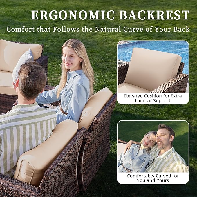 UDPATIO Patio Furniture Set, 5 Pieces Outdoor Conversation Sets with Rocking Swivel Chairs, Wicker Rattan Outdoor Sofa Set with Storage Table and Waterproof Covers for Backyard, Deck, Porch, Khaki