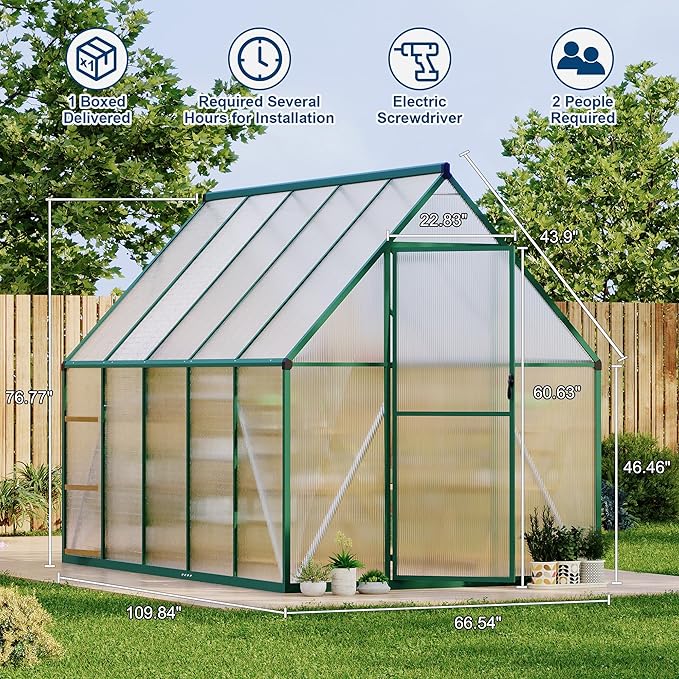 Polycarbonate Greenhouse for Outdoors, Large Walk-InGreenhouse with Quick Setup Structure and Roof Vent, Greenhouse with Ventilation