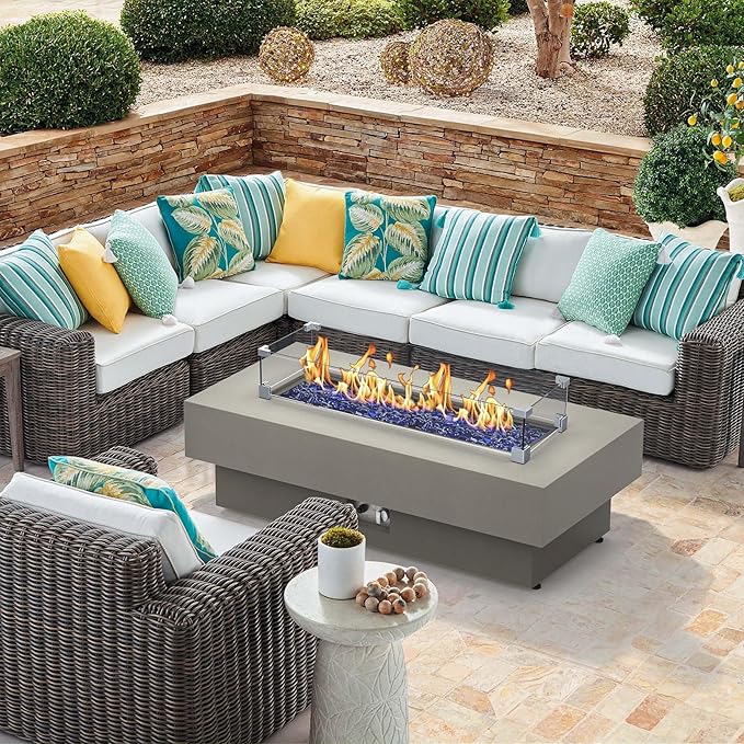 48-inch Fire Table with 20lb Propane Tank Cover & Wind Glass Shield, 50,000BTU Outdoor Modern Patio Fire Pit Table w/Rectangular Burner Lid, Glass Rocks, Pre-Attached 10ft External Gas Hose