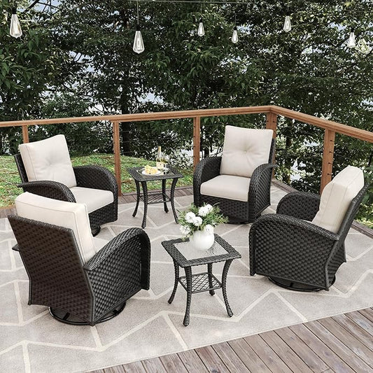 6 Pieces Patio Furniture Sets, Wicker Rattan High Back Outdoor Swivel Rocking Chairs Set with Side Table