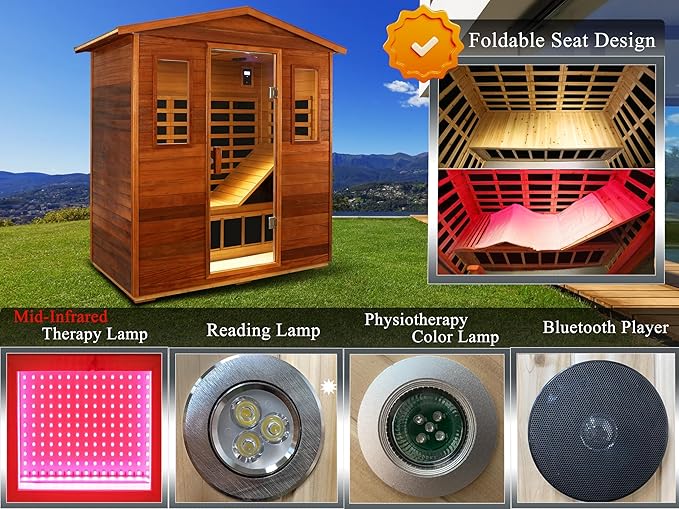 LTCCDSS Full Spectrum Outdoor 3 Person, Mahogany Far Infrared Sauna, Wooden Sauna Room for Home-13 Low EMF Boards-Chromotherapy-Bluetooth Speakers