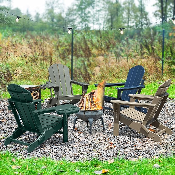 Adirondack Chair Set of 6, HDPE Folding Adirondack Chair with Multifunctional Cup Holder, Weather Resistant Fire Pit Chair for porches, patios, poolsides, Decks.