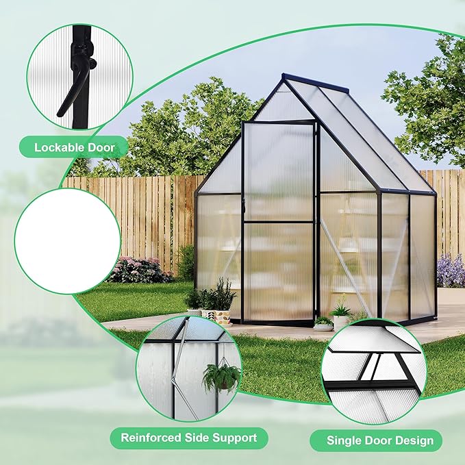 Polycarbonate Greenhouse for Outdoors, Large Walk-InGreenhouse with Quick Setup Structure and Roof Vent, Greenhouse with Ventilation