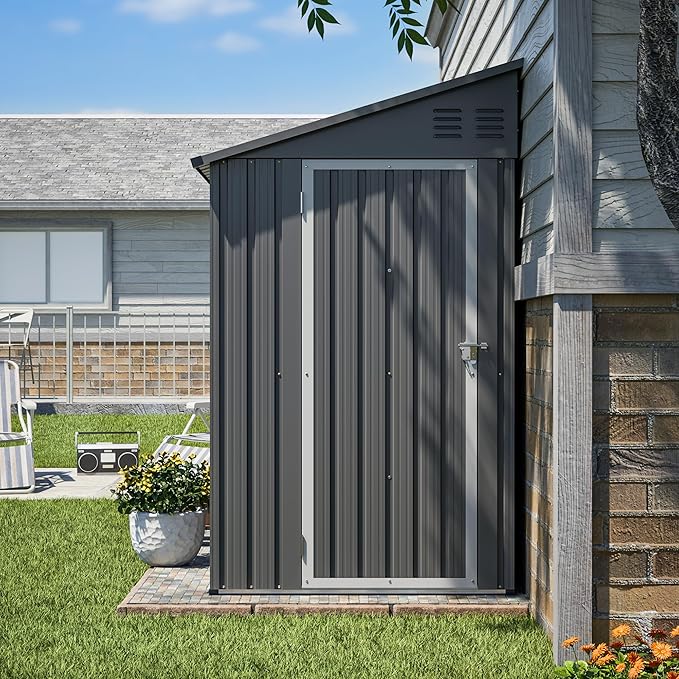 4x8 FT Lean to Metal Shed,Outdoor Storage Shed W/Floor Frame & Reversible Installation,All Weather Waterproof Garden Tool House W/Lockable Door & 2 Air Vents,for Backyard,Patio,Lawn,Gray