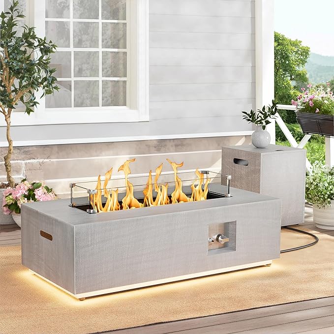 42" Propane Fire Pit Table with LED Light 50,000 BTU Outdoor Fireplace Table Includes Wind Guard, Lid, Rocks & Cover - Gas Firepit Table, Chimenea para Patio (Light Grey/Golden Light, 42" LED)