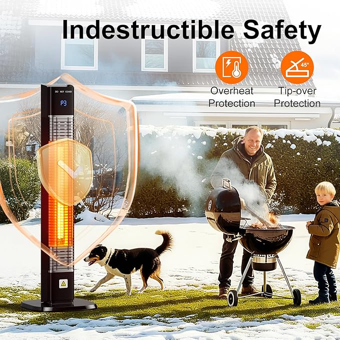 Patio Heater,1500W Outdoor Heater with 3 Heat Levels,Quiet Operation,Carbon Fiber Heating Tube, Remote,24H Timer, Tip-Over & Overheat Protection,Electric Heaters for Garage,Backyard,Porch Black