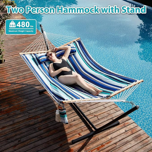 Two Person Hammock with Stand for Outside Heavy Duty, Outdoor Patio Hammock with Portable Steel Stand, Large Double Hammocks,480lbs Capacity.(Blue Stripes)