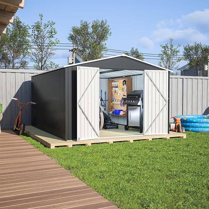 Favfurish Outdoor Storage Shed 10×12 FT,Metal Waterproof Tool Sheds with Lock and Key,Heavy-Duty Sheds Unit W/Doors and Vents,Galvanized Steel Garden House for Storing Bicycles,Barbeques,Black