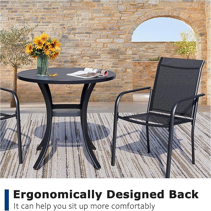 3 Piece Outdoor Dining Set, Patio Table and Chairs Set of 2, 27.6" Black Round Patio Table with 2 Black Stackable Patio Chairs for Lawn, Garden, Porch